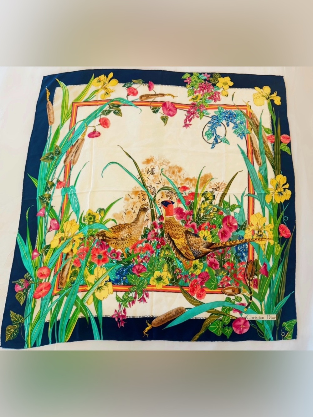 Vintage Christian Dior Floral Pheasant Silk Scarf in Cream, Green, Pink & Blue